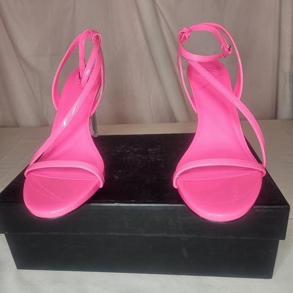 AAJ By Aminah Zayn Lucite Heel Asymmetrical Strap Dress Sandals - Neno Pink $150 - Picture 2 of 15